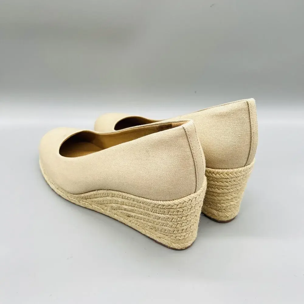 J Crew Shoes Womens 10 Beige Cotton Espadrille Wedge Heels Round Toe Slip On